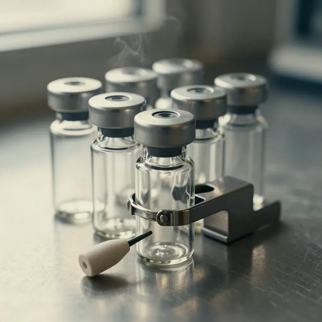 Glass vials, ceramic probe tip and clamp plate on brushed metal with dramatic lab light.