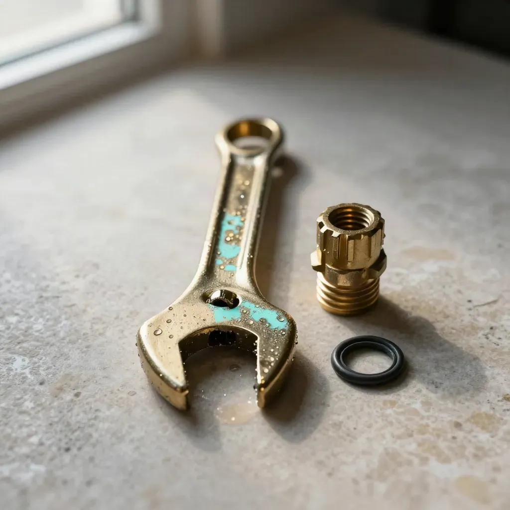 Macro flat lay of a brass hydrant wrench, valve stem cap, O-ring and gasket on pale stone.
