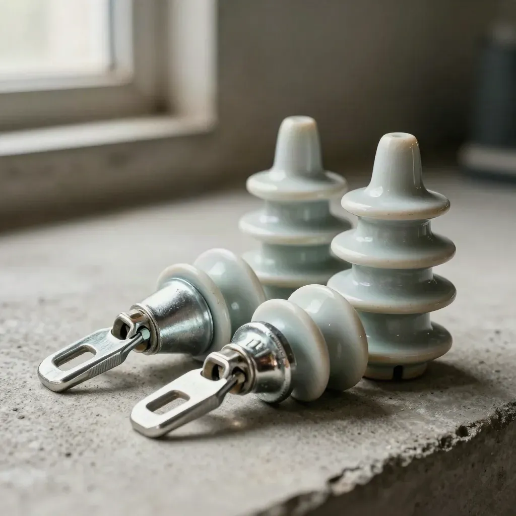 Cable insulators, aluminum lugs and a galvanized sleeve on concrete, lit by raking daylight.