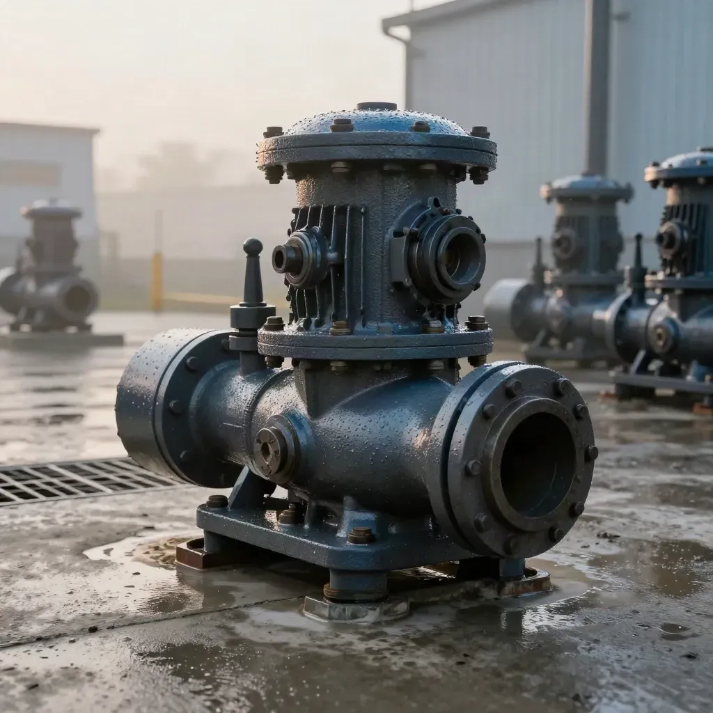 Pump casing, elbows, gasket rings and grate on wet concrete in dawn mist