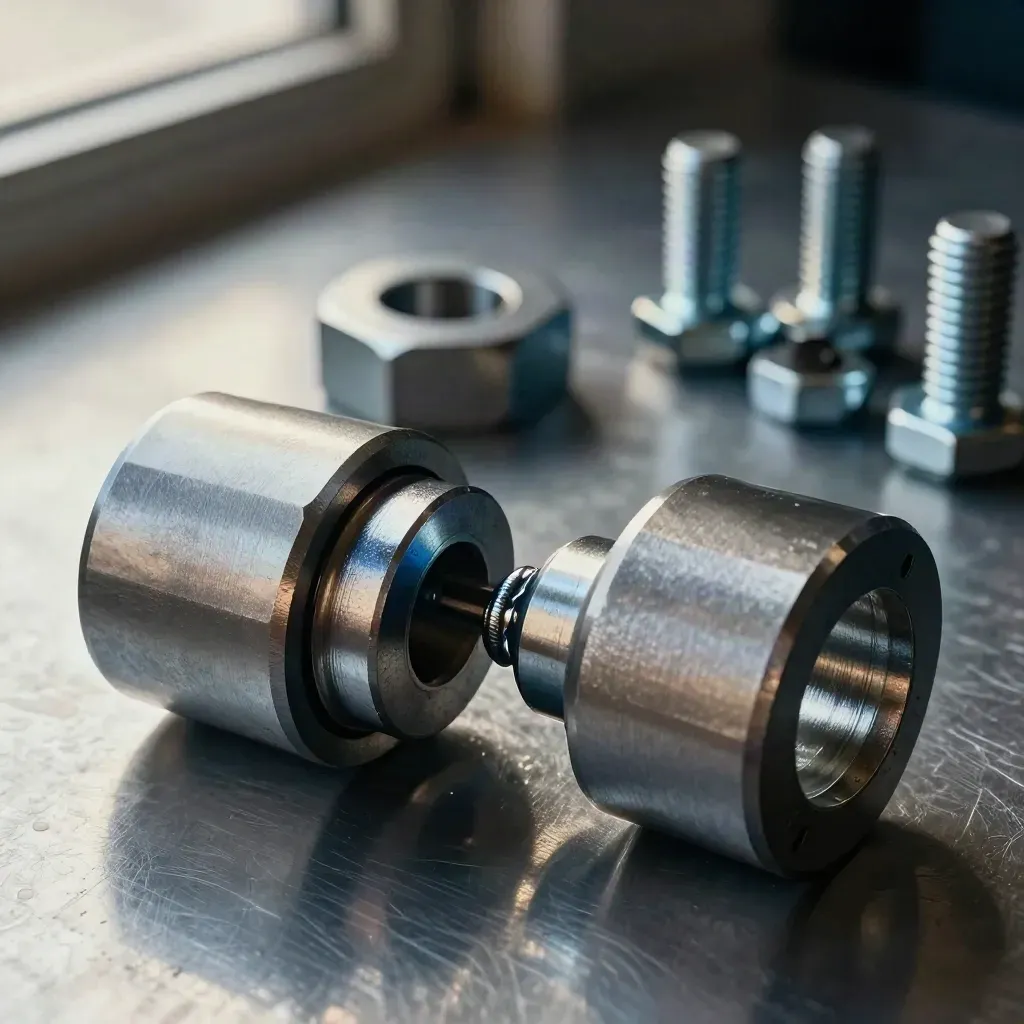 Steel coupling halves, weld coupon, and bolts on brushed metal under soft daylight.