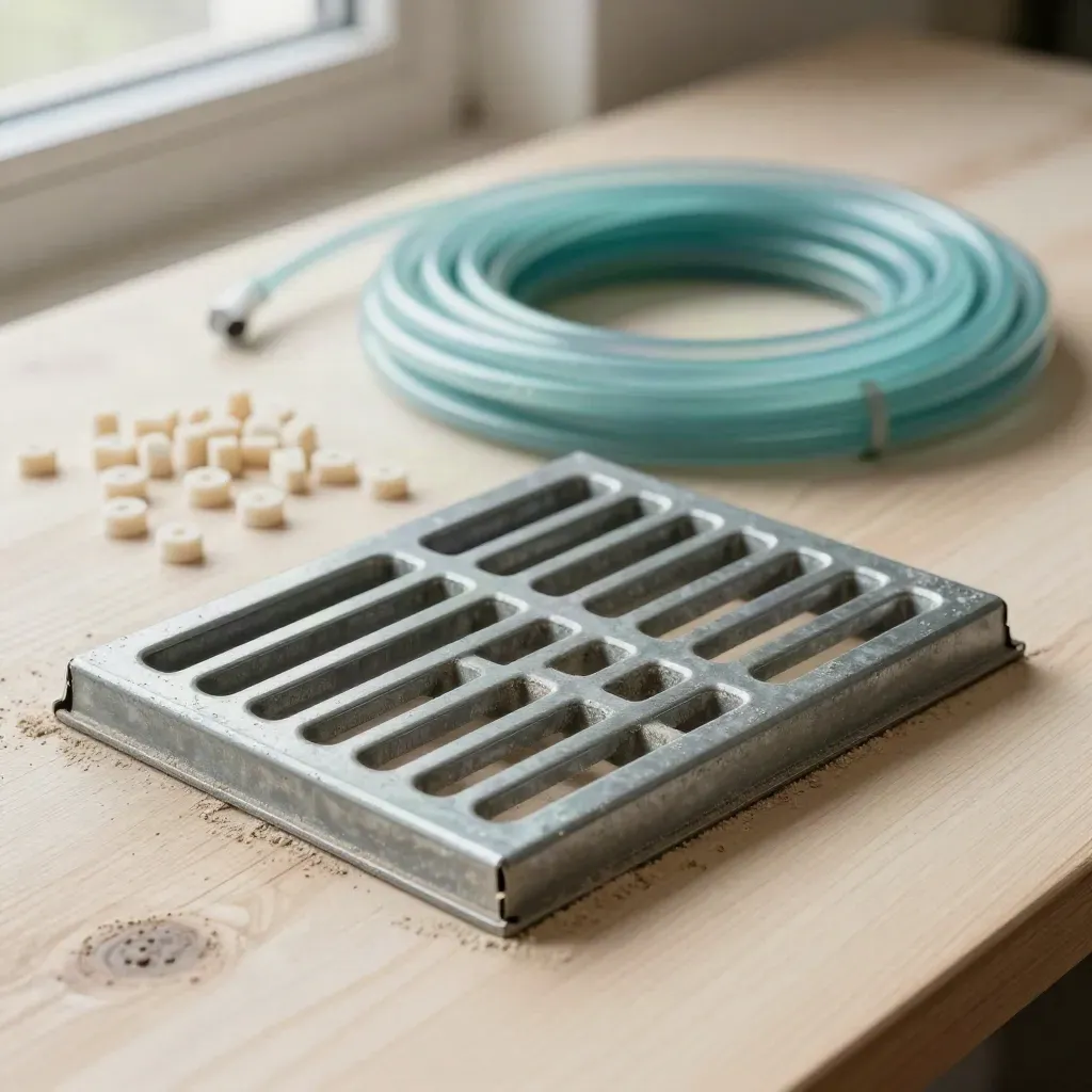 A drainage grate sample, aqua drip line coil, and paver spacers arranged on pale wood.