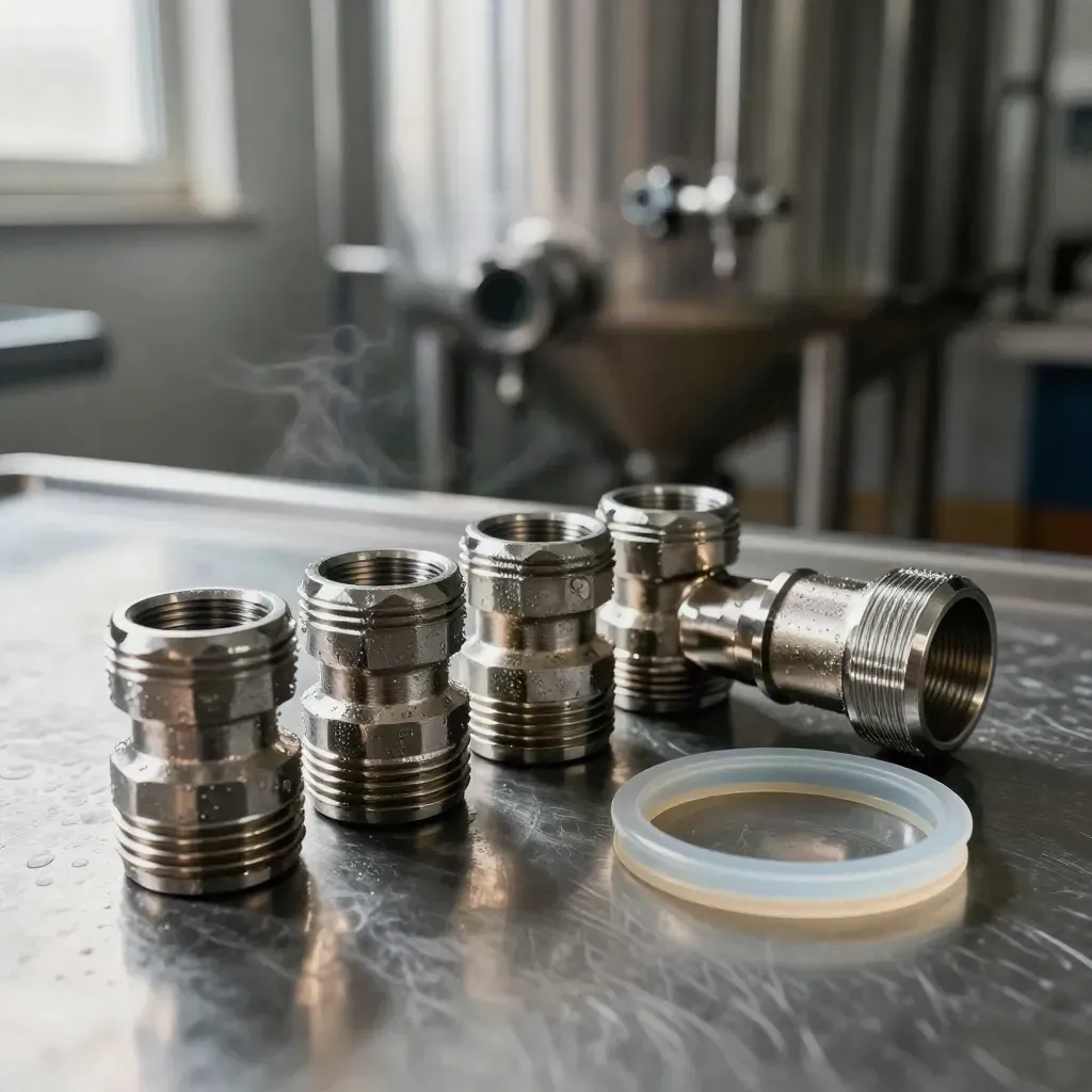 Sanitary tri-clamp ferrules, polished elbow and EPDM gasket on brushed steel in a dim food plant.