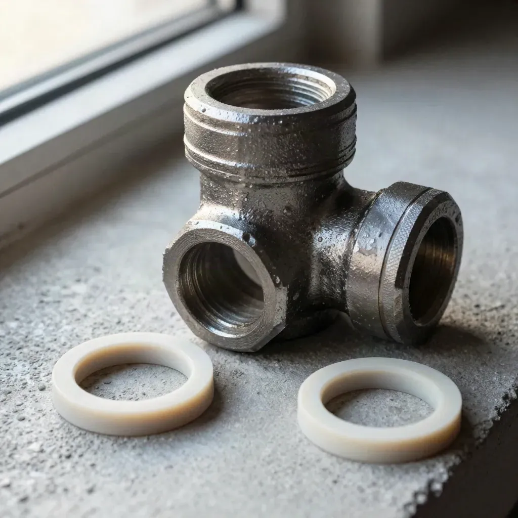 Ductile-iron tee fitting, elbow, and gasket rings on rough concrete.