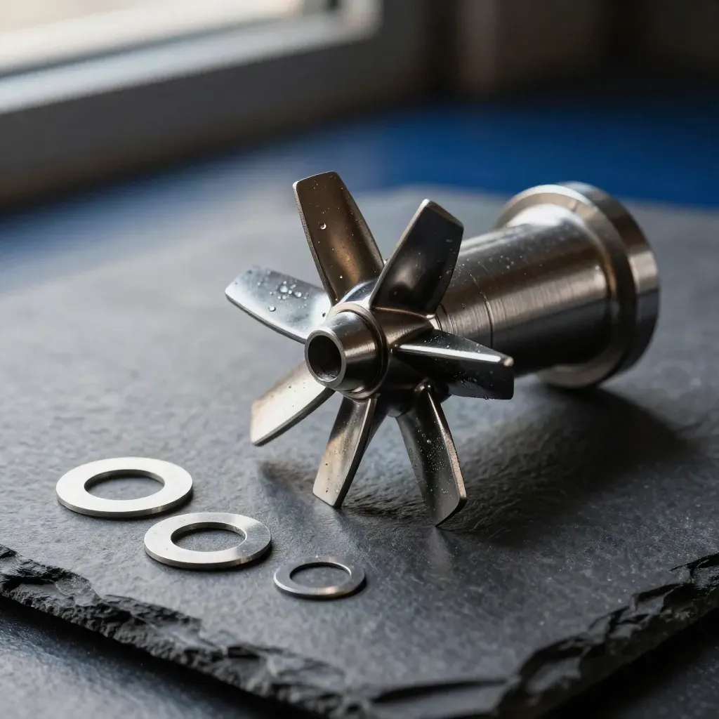 Stainless pump impeller with shaft sleeve and balancing shims on slate, lit dramatically in mist
