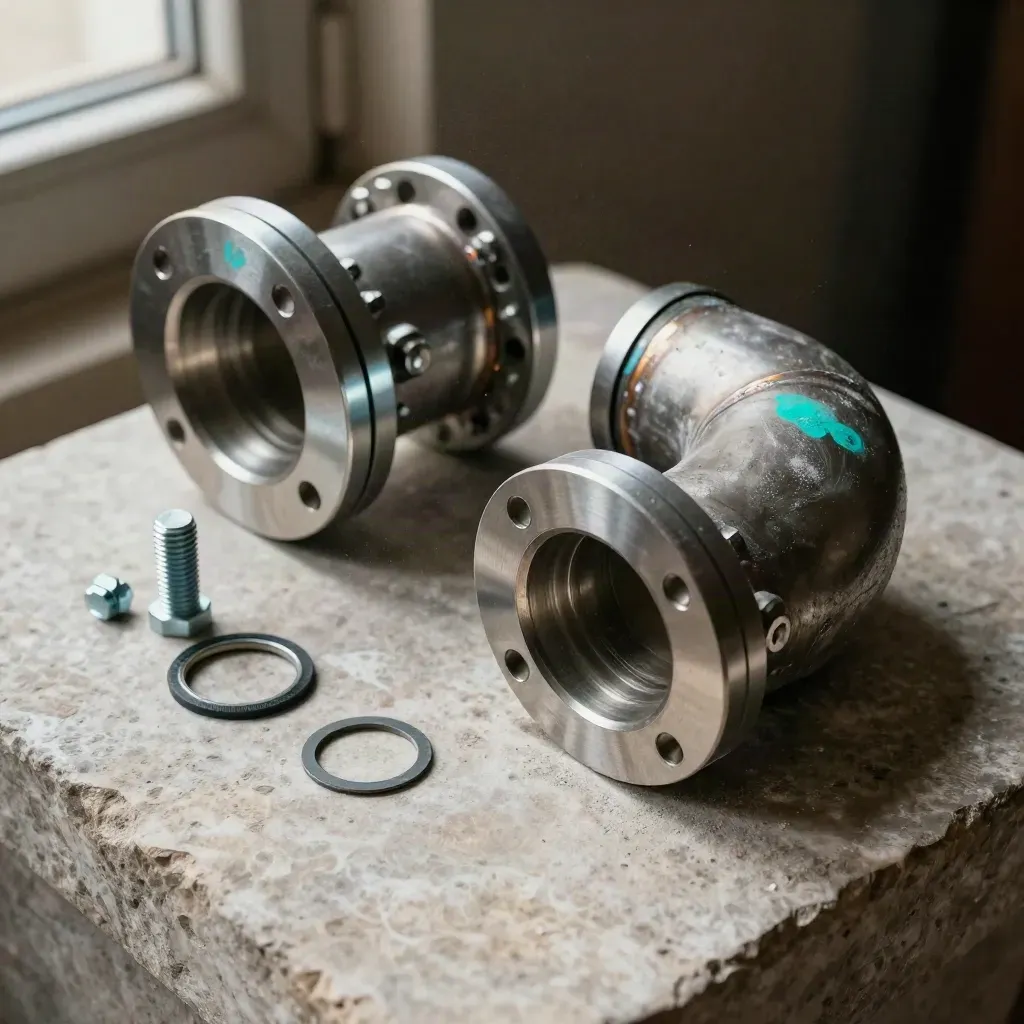 Two pipe flanges and an elbow on pale stone, lit in a clean macro with aqua marks and chalk dust.