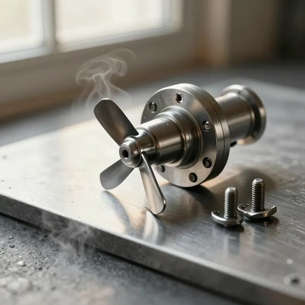 Mini turbine runner, flange ring, and anchor bolts on brushed metal with soft daylight.
