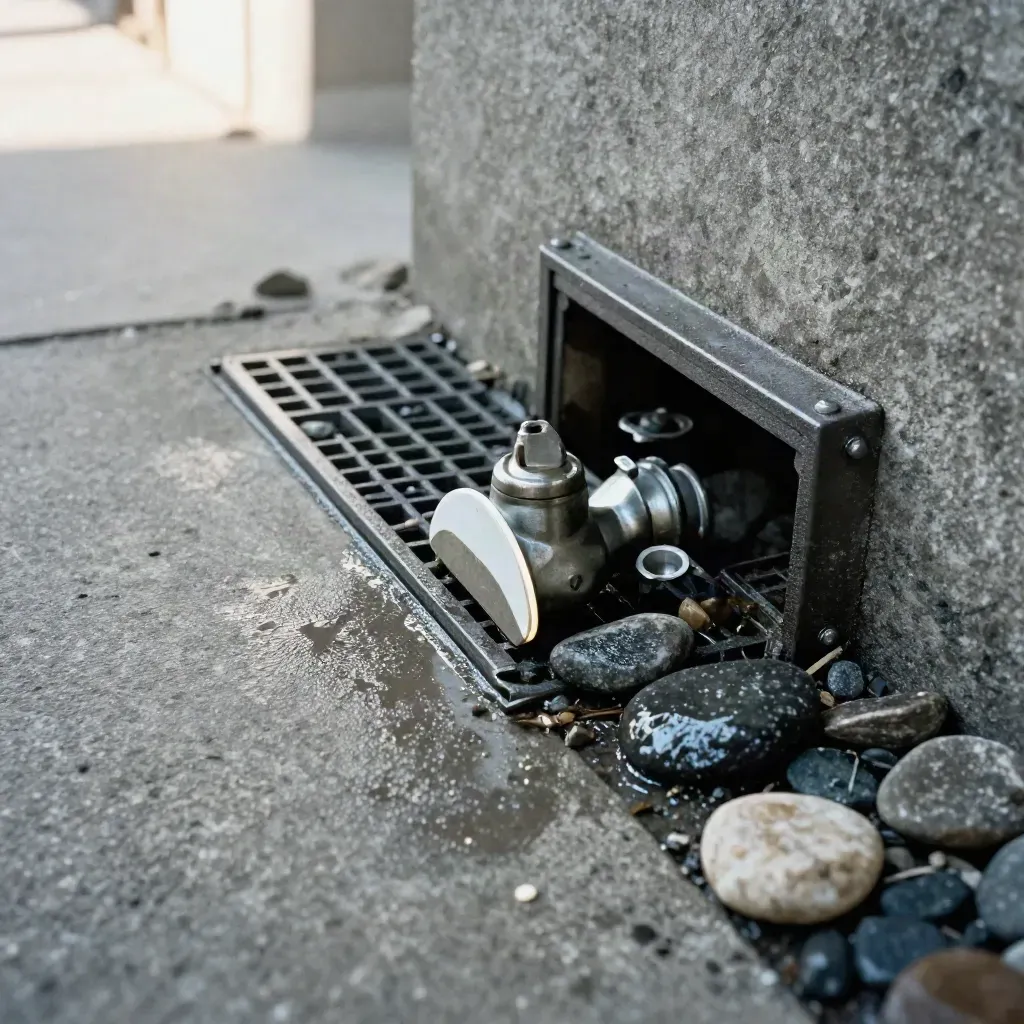 Stormwater grate, half-open flap valve, and wet stones on damp concrete.