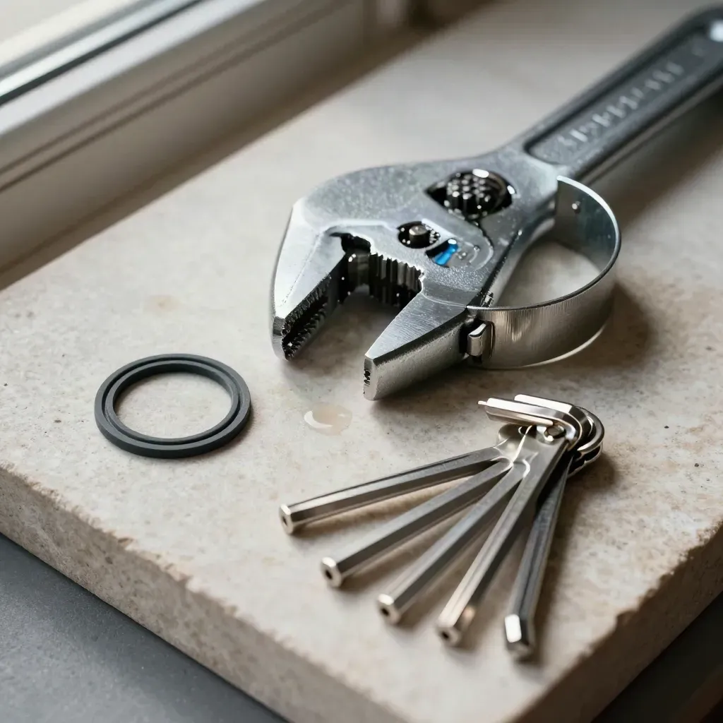 Torque wrench, gasket, hose clamp, and hex keys on pale stone in dramatic top-down light.