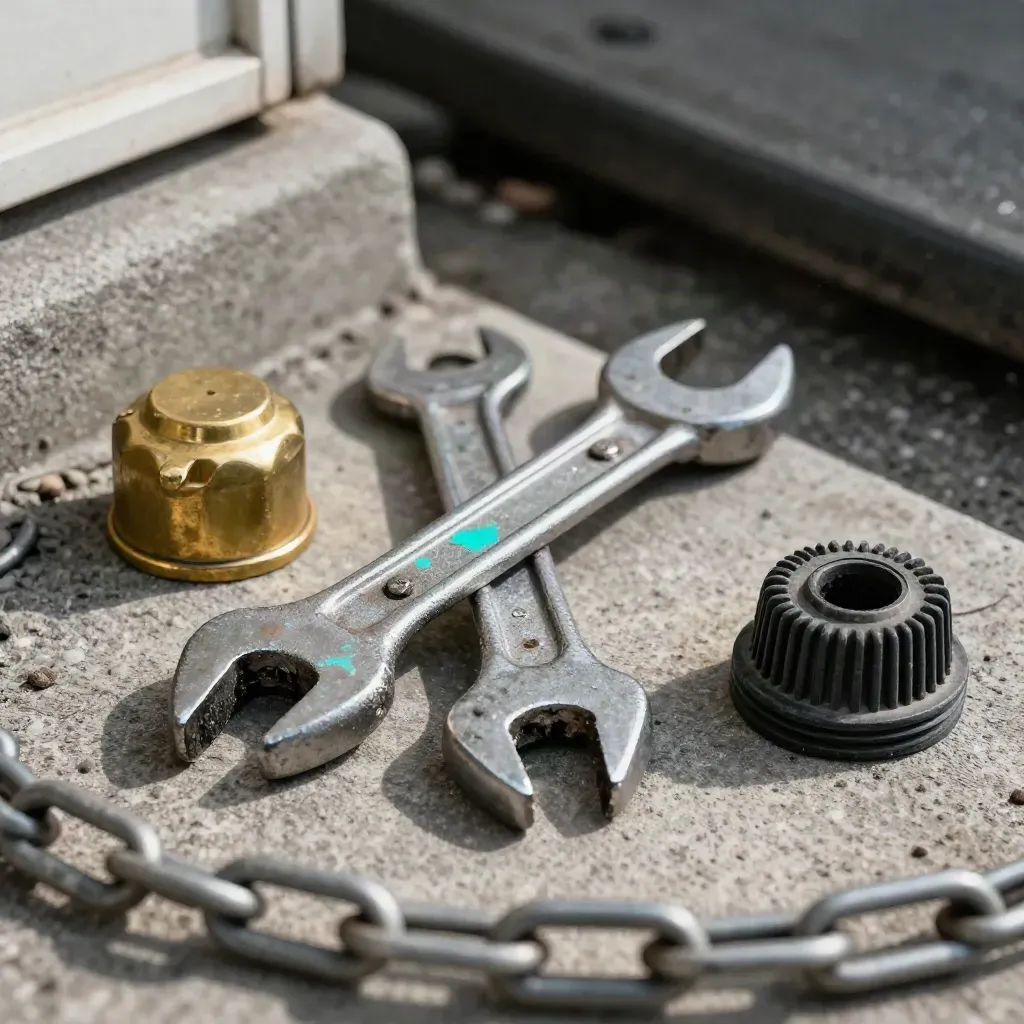 Hydrant wrench, brass cap, hook and plug on curbside concrete seen through blurred chain-link