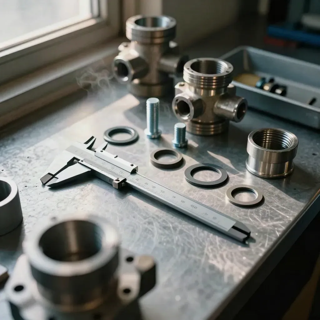 Pump-room still life of calipers, flange bolts, gasket rings and a steel coupling in faint steam.