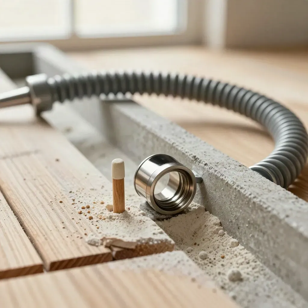 Macro still life of drainage, irrigation and pipe fittings on pale wood.