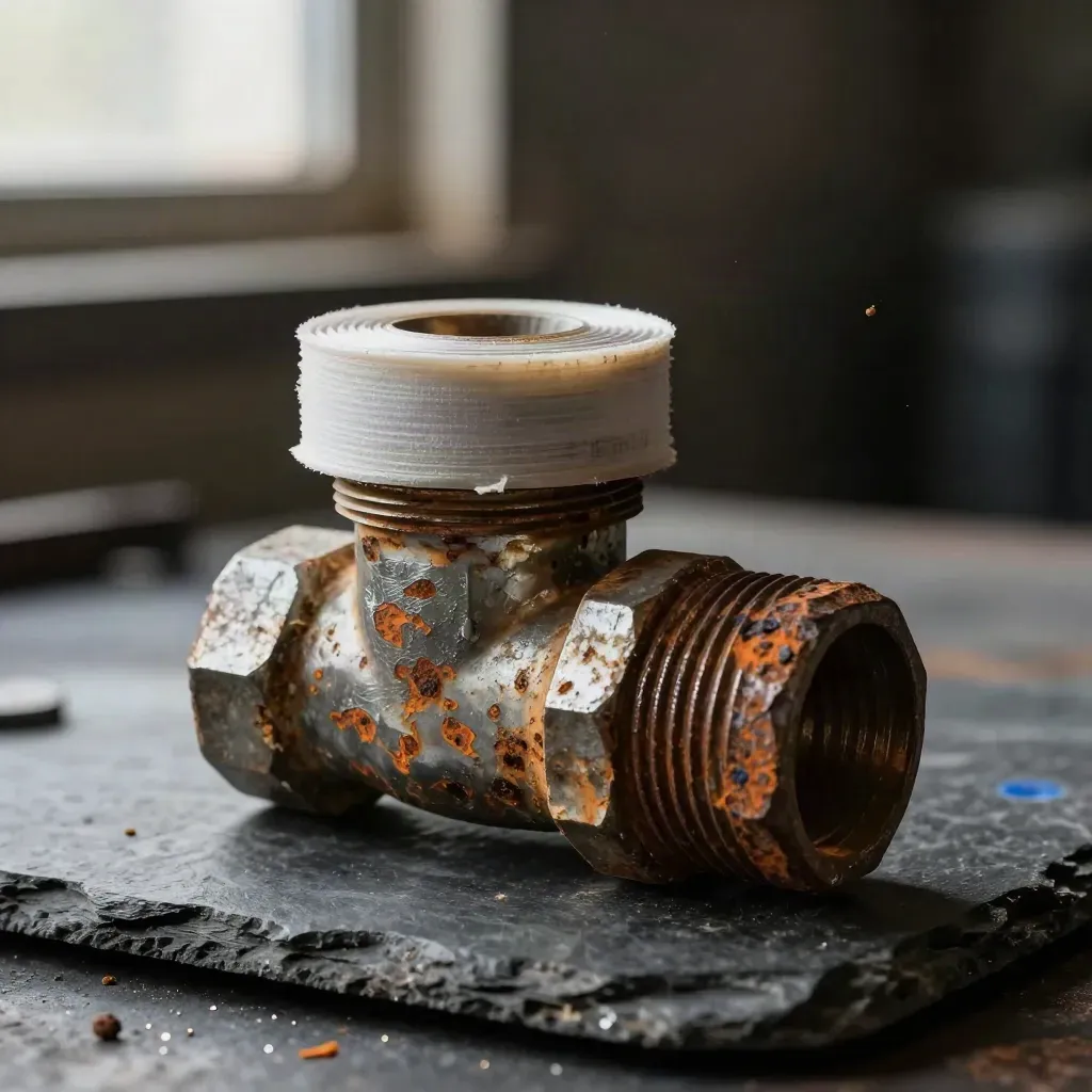 Corroded pipe elbow, PTFE tape spool, and compression fitting on dark stone under dramatic light.