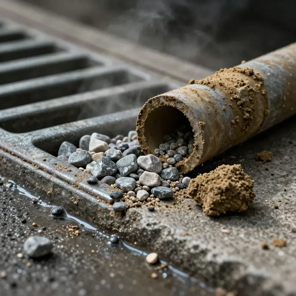 Wet storm drain grate, core tube, gravel sample, and curb drain on concrete