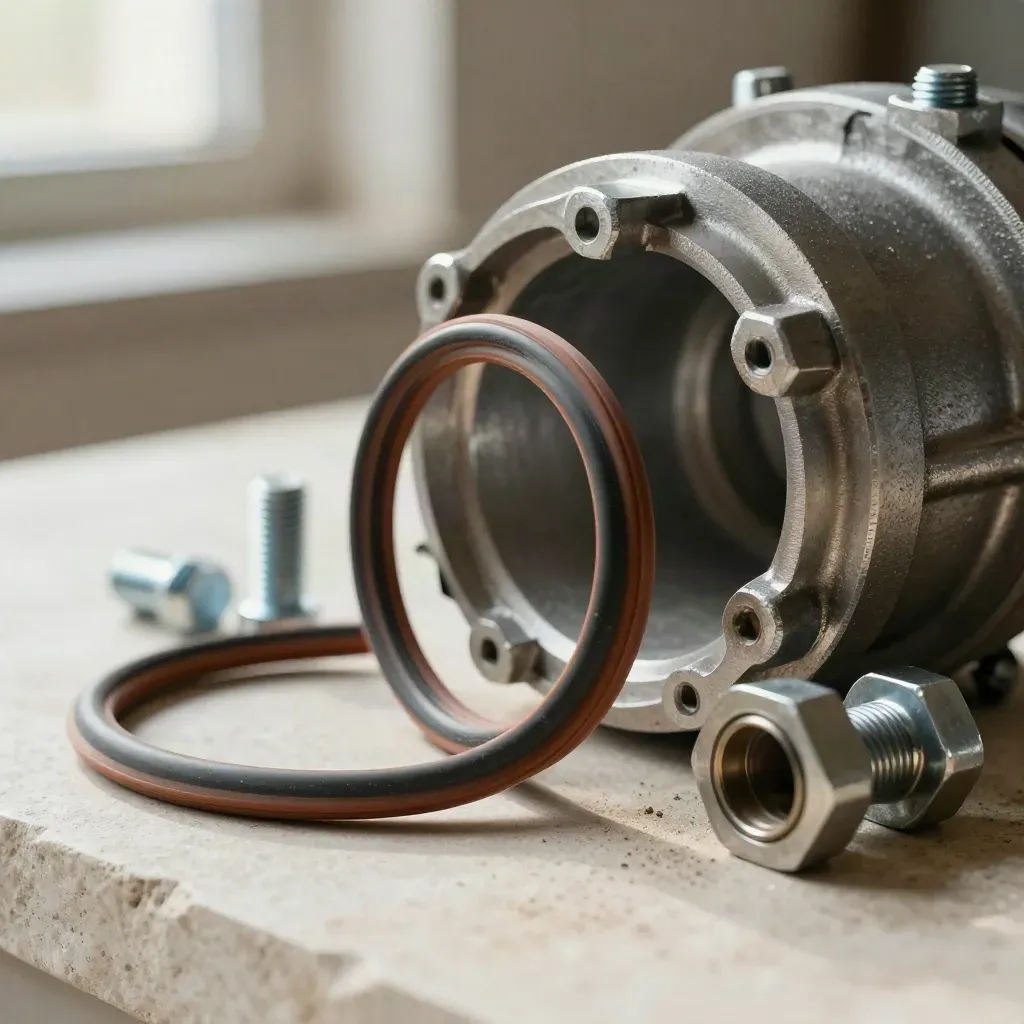 Pump parts stack on pale stone with soft daylight and blurred industrial background.