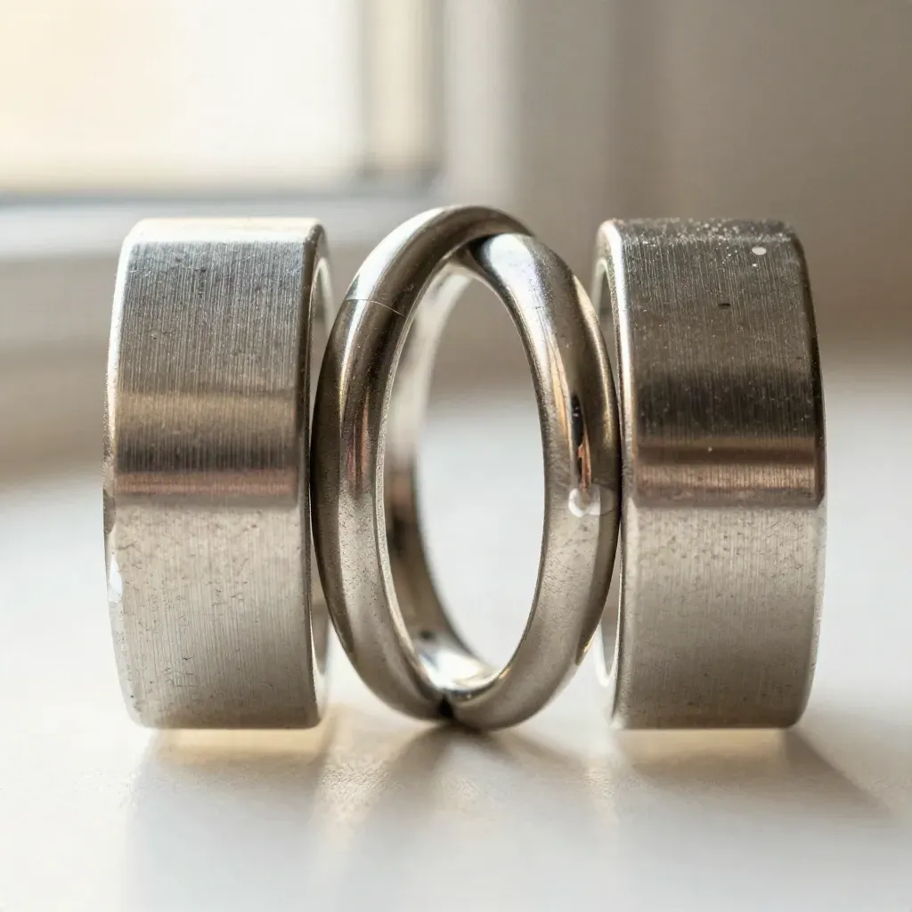 Top-down macro of linked stainless rings, a coupler, and modular blocks on brushed metal