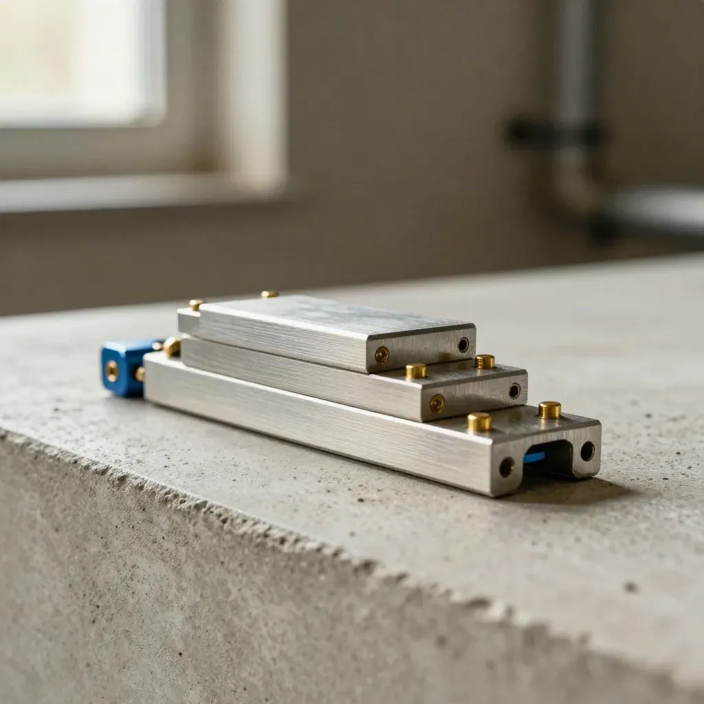 Aluminum hydraulic connector blocks and brass pins on pale concrete, lit dramatically.