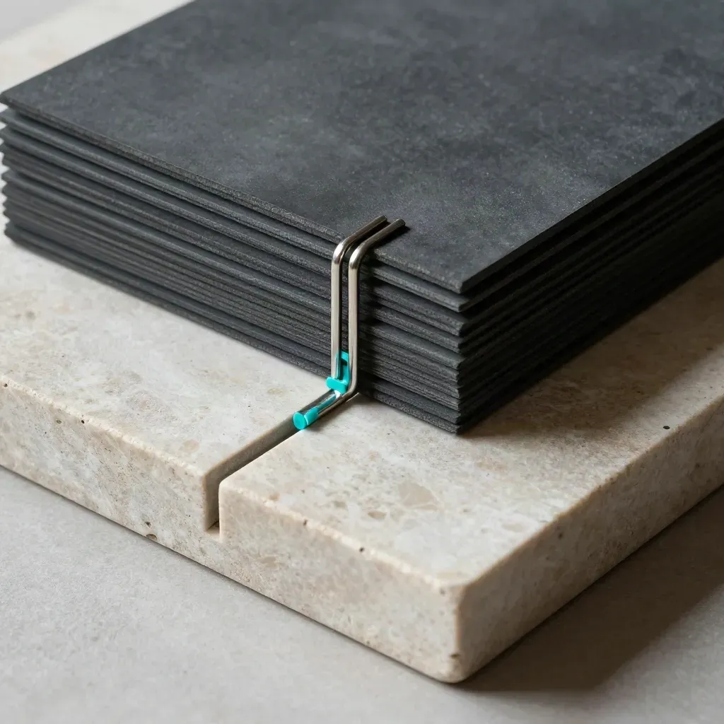 Graphite slabs, binding pin and spacer plate on pale stone in a minimal overhead still life.