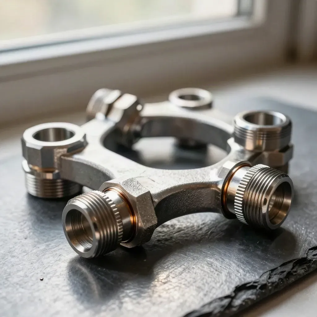 Machined hydraulic connectors and linked rings on brushed steel, lit by soft daylight.