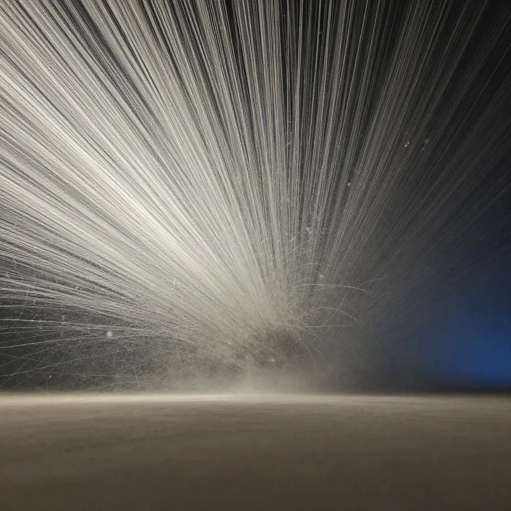 Silver filaments converge into a soft white bloom in dark graphite space with drifting motes.